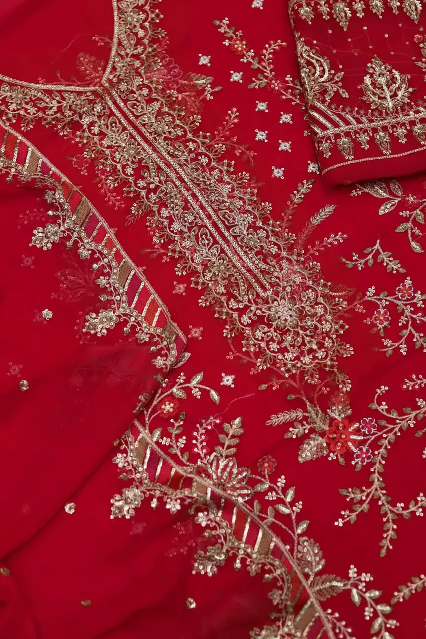 Embroidered Chiffon Wedding Suit with Silk Trouser - Image 5