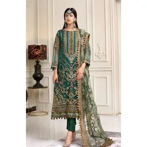 Embroidered organza wedding suit with sequins, silk trouser, and net dupatta