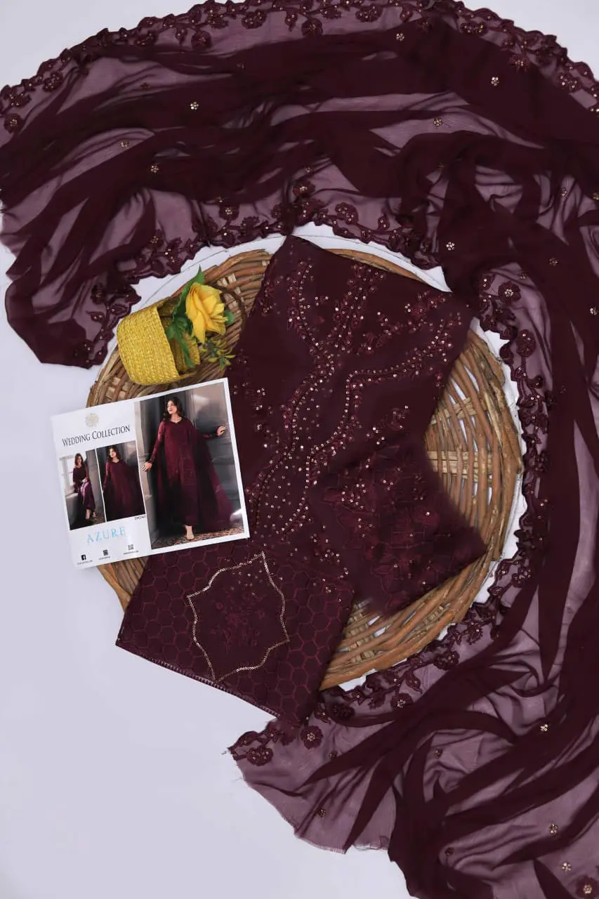 Luxury 3pc Unstitched Chiffon Suit with Sequins Embroidery & Raw Silk - Image 2