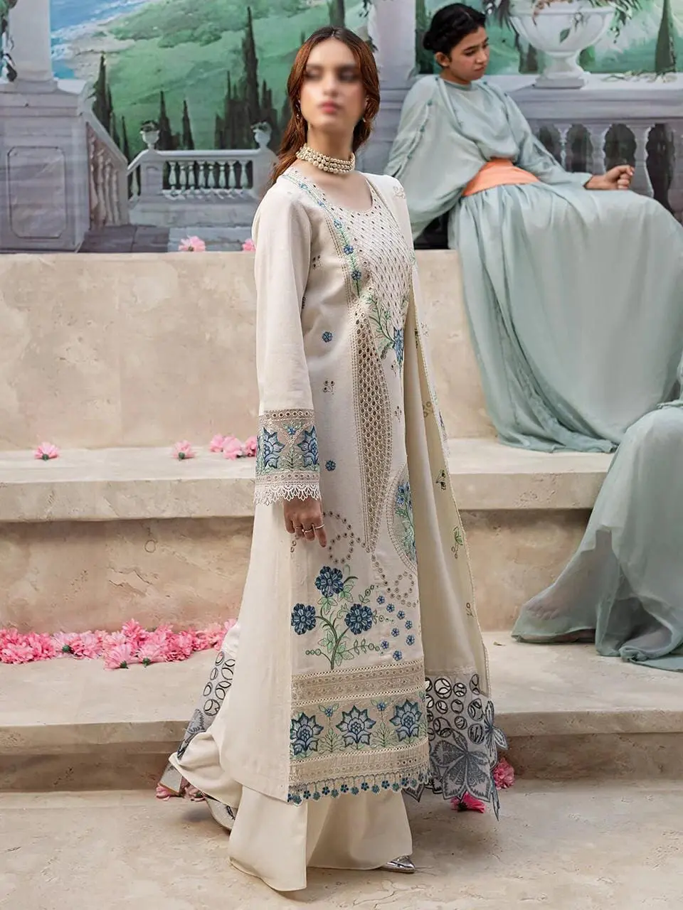 Mahnur – Dhank Embroidered 3pc Suit with Wool Shawl - Image 2
