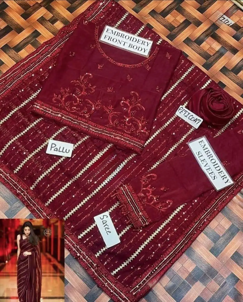 Maroon Embroidered Chiffon Saree with Pearl Work - Image 3