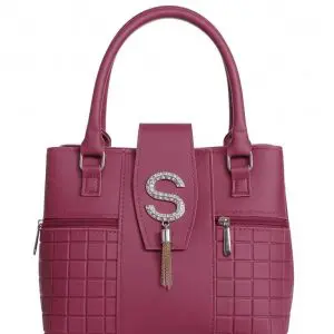 Maroon ladies handbag with crystal S charm, tassel, and textured design