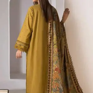MOTIFZ Yellow Embroidered Dhanak 3 Piece Suit with Pashmina Shawl Back view