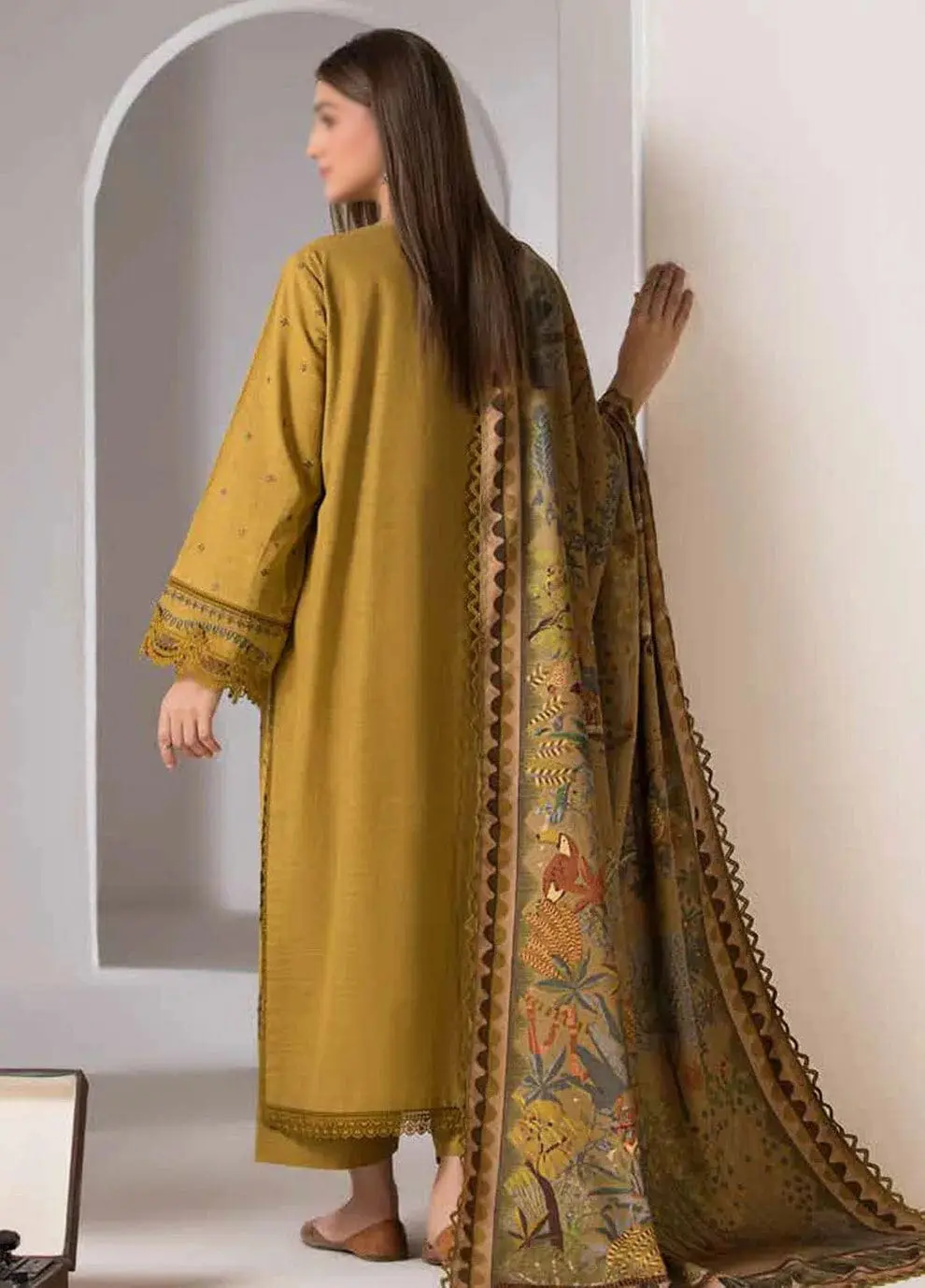 MOTIFZ Yellow Embroidered Dhanak 3 Piece Suit with Pashmina Shawl Back view