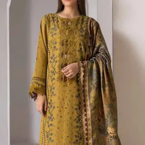 MOTIFZ Yellow Embroidered Dhanak 3 Piece Suit with Pashmina Shawl Front View
