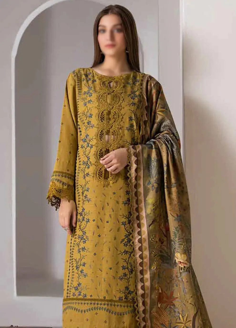 MOTIFZ Yellow Embroidered Dhanak 3 Piece Suit with Pashmina Shawl Front View