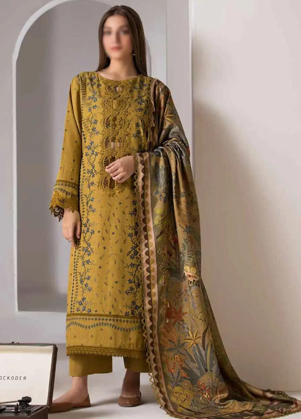 MOTIFZ – Yellow Embroidered Dhanak 3 Piece Suit with Pashmina Shawl - Image 3