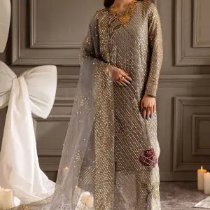 Nureh Midnight embroidered chiffon unstitched 3 piece suit with organza dupatta and shamoz silk trouser
