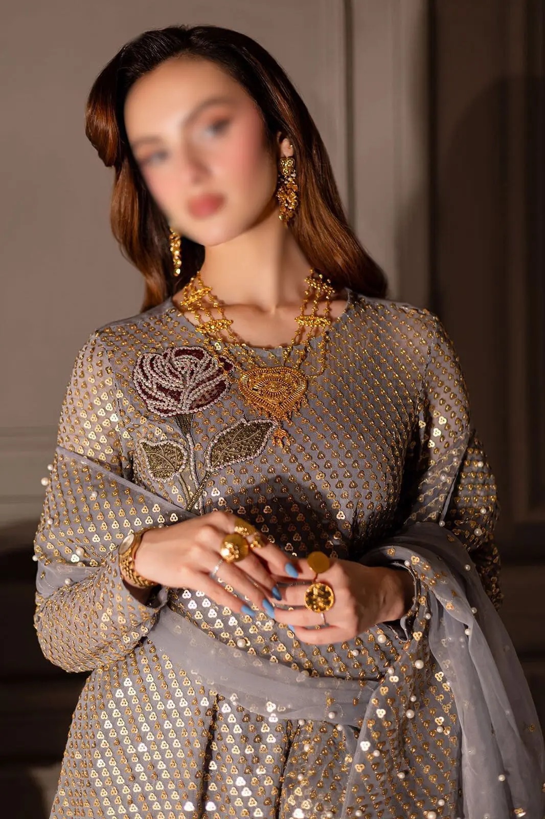 Nureh Midnight Embroidered Chiffon 3 Piece Suit - Image 3