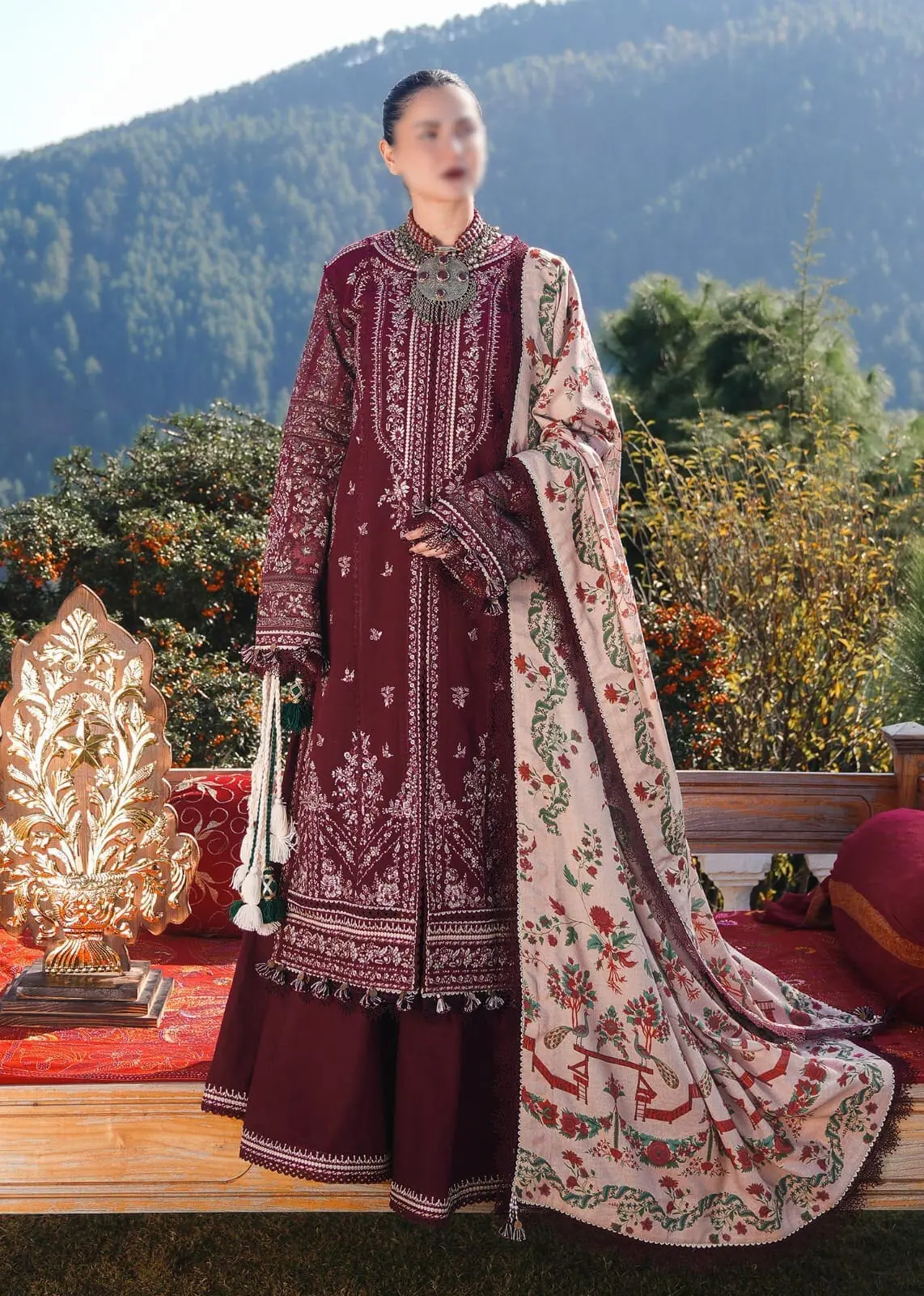 Premium Dhanak Embroidered 3 Piece Suit with Pashmina Shawl front view