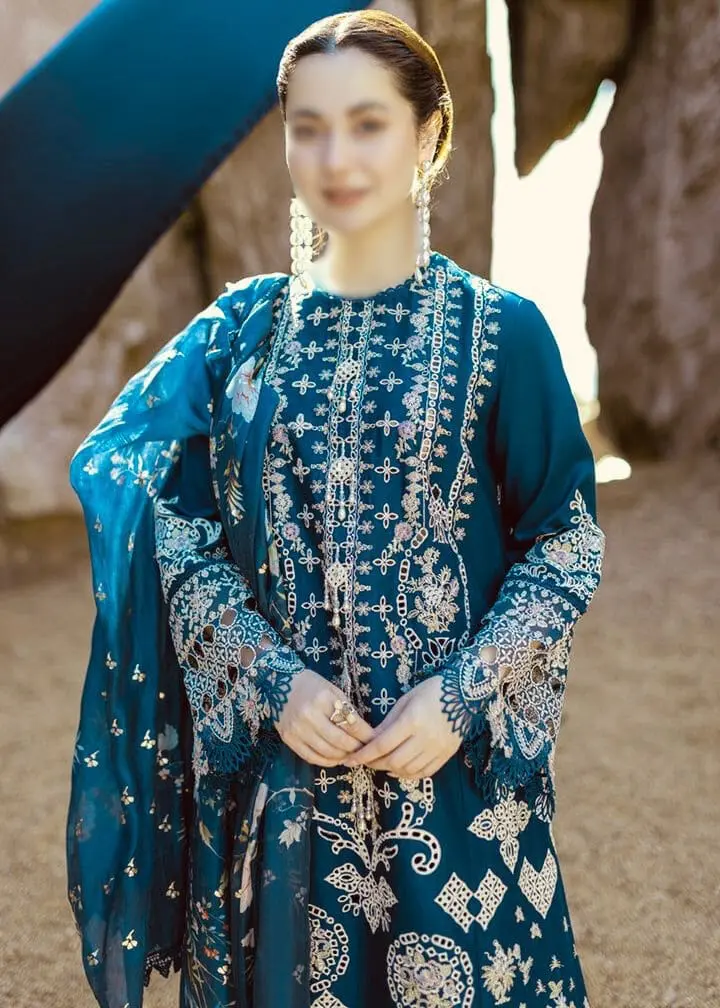 Qalamkar 3pc Unstitched Dhanak Suit with Embroidery & Wool Shawl - Image 4