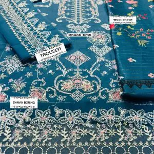 Unstitched Qalamkar 3pc Dhanak Suit Code 25-B with Embroidery