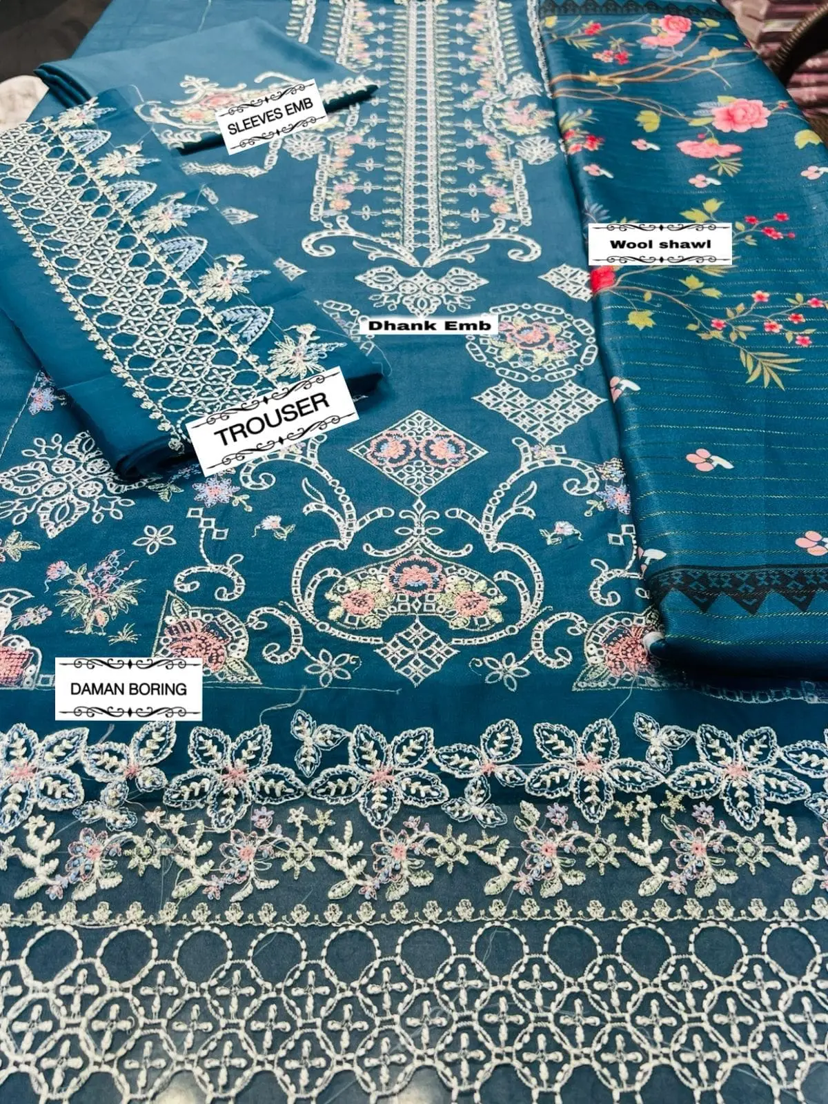 Unstitched Qalamkar 3pc Dhanak Suit Code 25-B with Embroidery