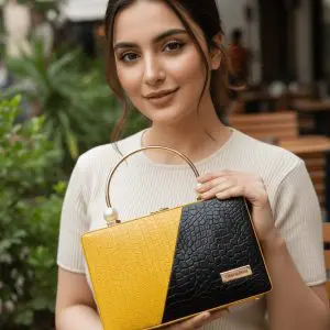 Stylish Ladies Handbag – Yellow & Black Croc-Texture