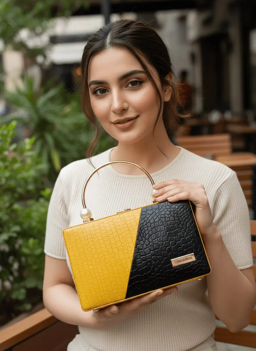 Stylish Ladies Handbag – Yellow & Black Croc-Texture
