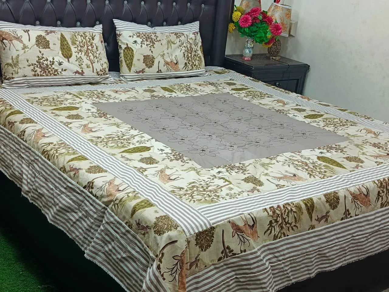 Cream Patch Work cotton satin Bedsheet