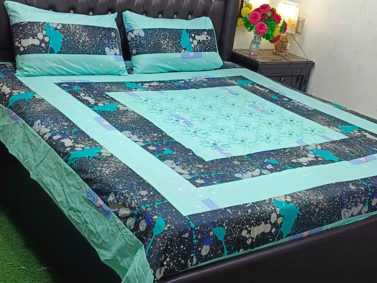 Ferozi Patch Work Cotton Satin Bedsheet