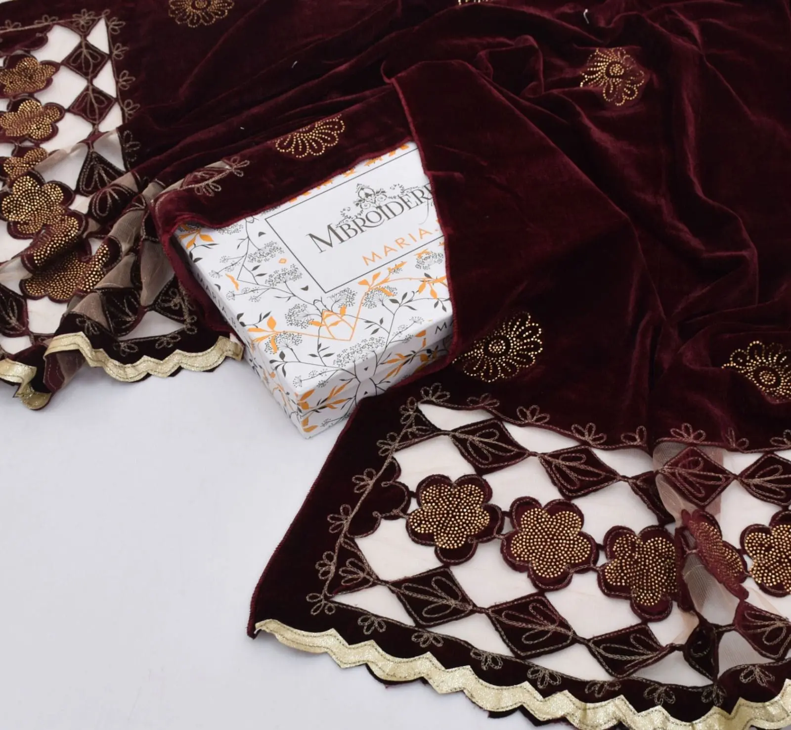 Wedding velvet shawl with stone work and embroidery