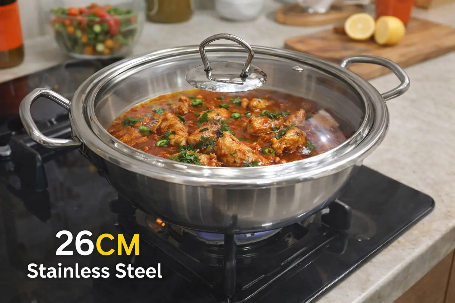 Alpha Stainless Steel Karahi Pot 26CM with Glass Lid Heavy Quality - Image 3