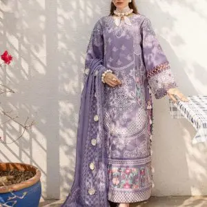 Bin Ilyas Purple Embroidered Cotton Suit with Organza Dupatta – 3PC