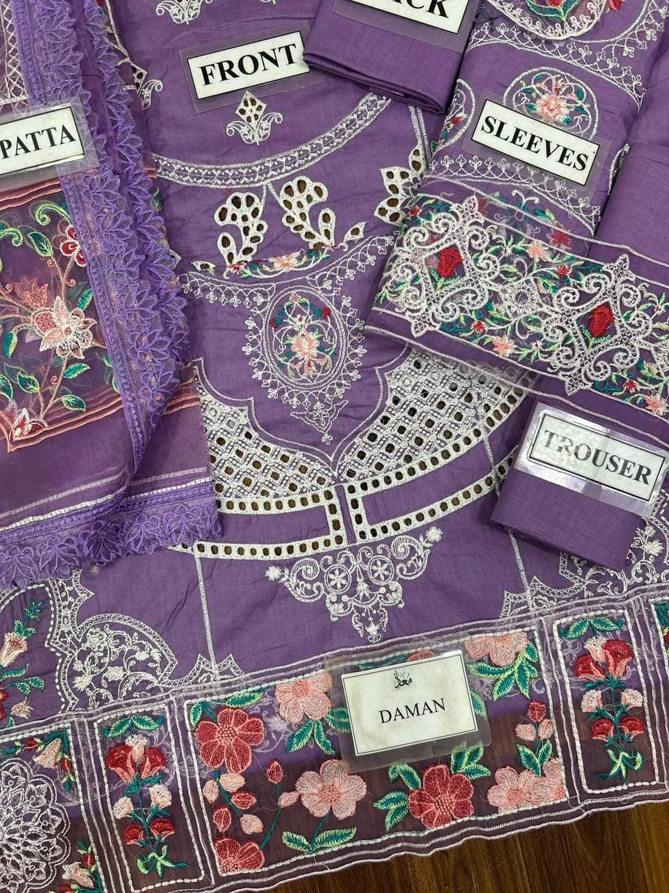 Bin Ilyas Purple Embroidered Cotton Suit with Organza Dupatta – 3PC - Image 4