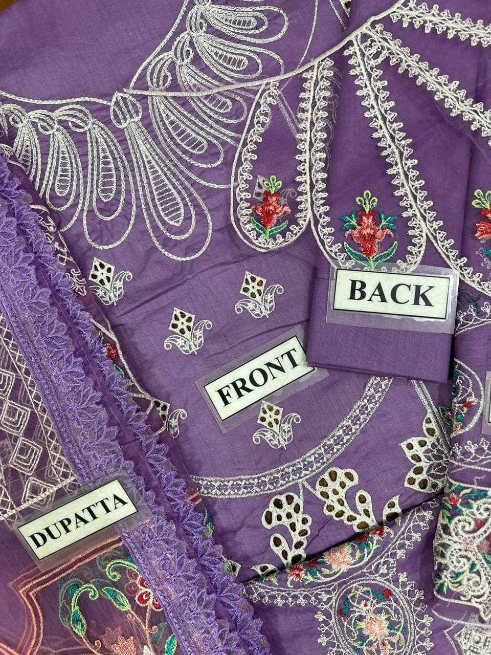 Bin Ilyas Purple Embroidered Cotton Suit with Organza Dupatta – 3PC - Image 5