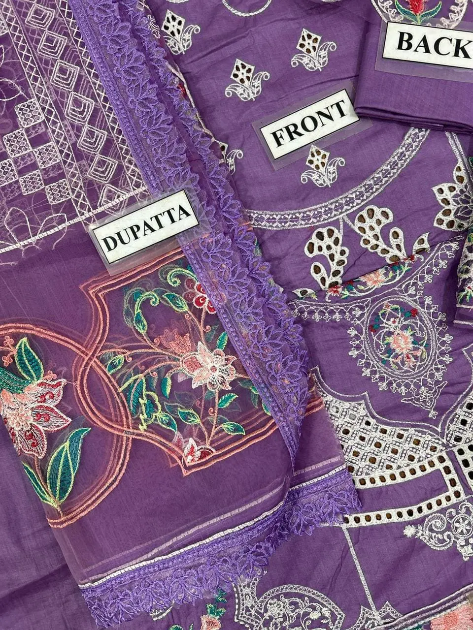 Bin Ilyas Purple Embroidered Cotton Suit with Organza Dupatta – 3PC - Image 6