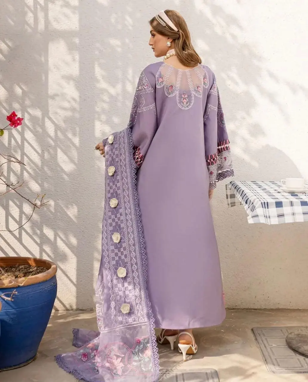 Bin Ilyas Purple Embroidered Cotton Suit with Organza Dupatta – 3PC - Image 3