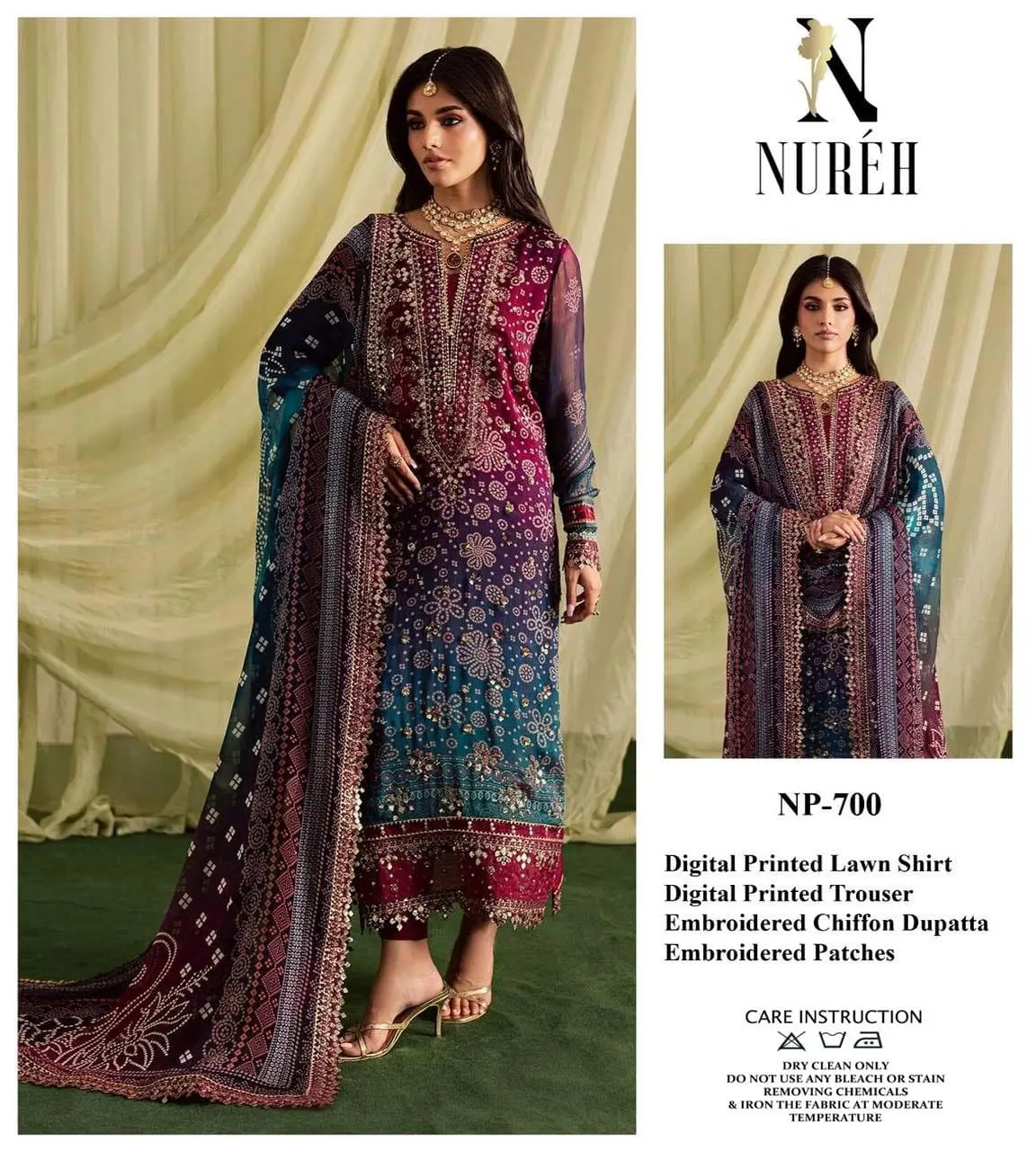 Nureh 3 Piece Printed Lawn Suit With Chiffon Dupatta