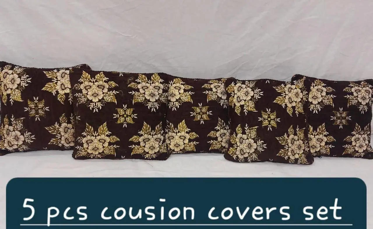 5 Pcs Brown Velvet Jacquard Cushion Covers Set With Zip Closure