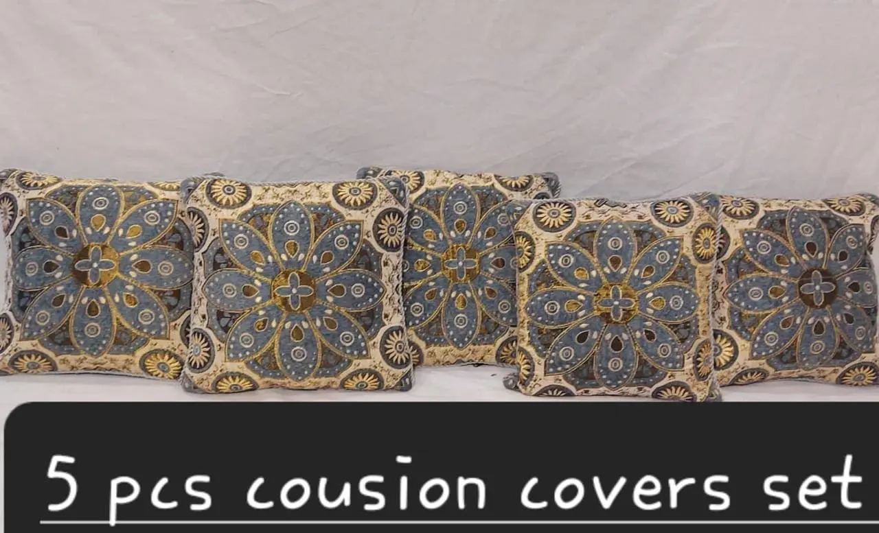 5 Pcs Grey Velvet Jacquard Cushion Covers Set With Zip Closure
