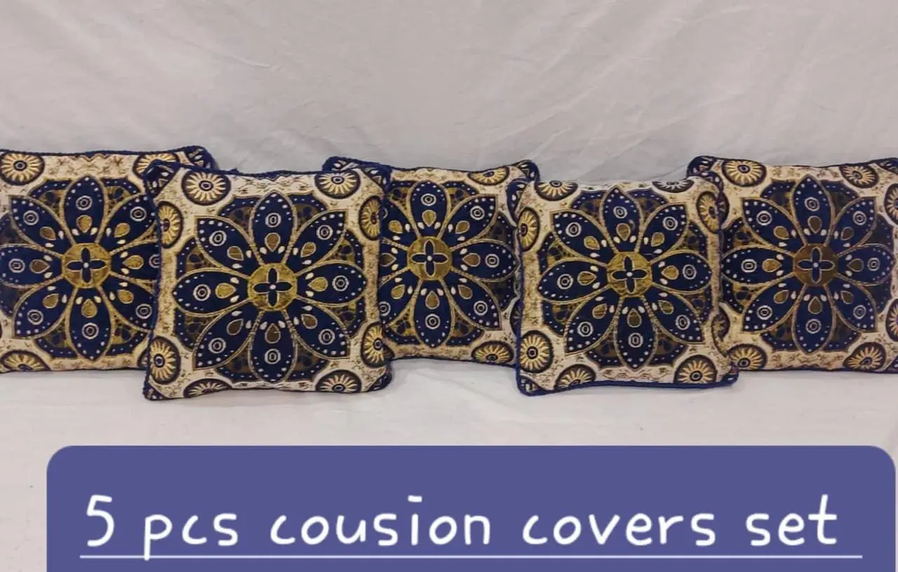 5 Pcs Blue Velvet Jacquard Cushion Covers Set With Zip Closure