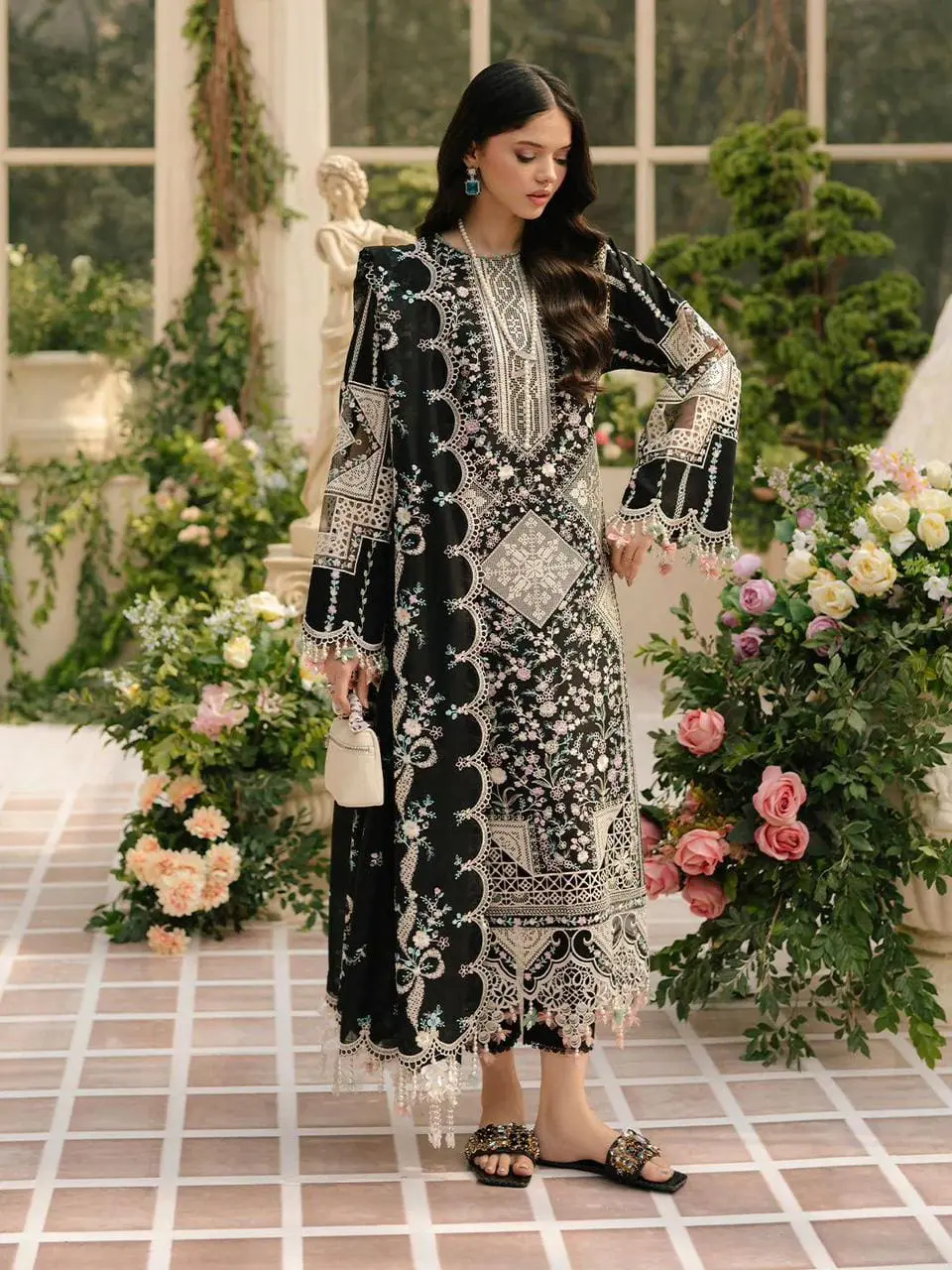 Bin Ilyas 3 Piece Black Embroidered Lawn Suit Bamber Dupatta