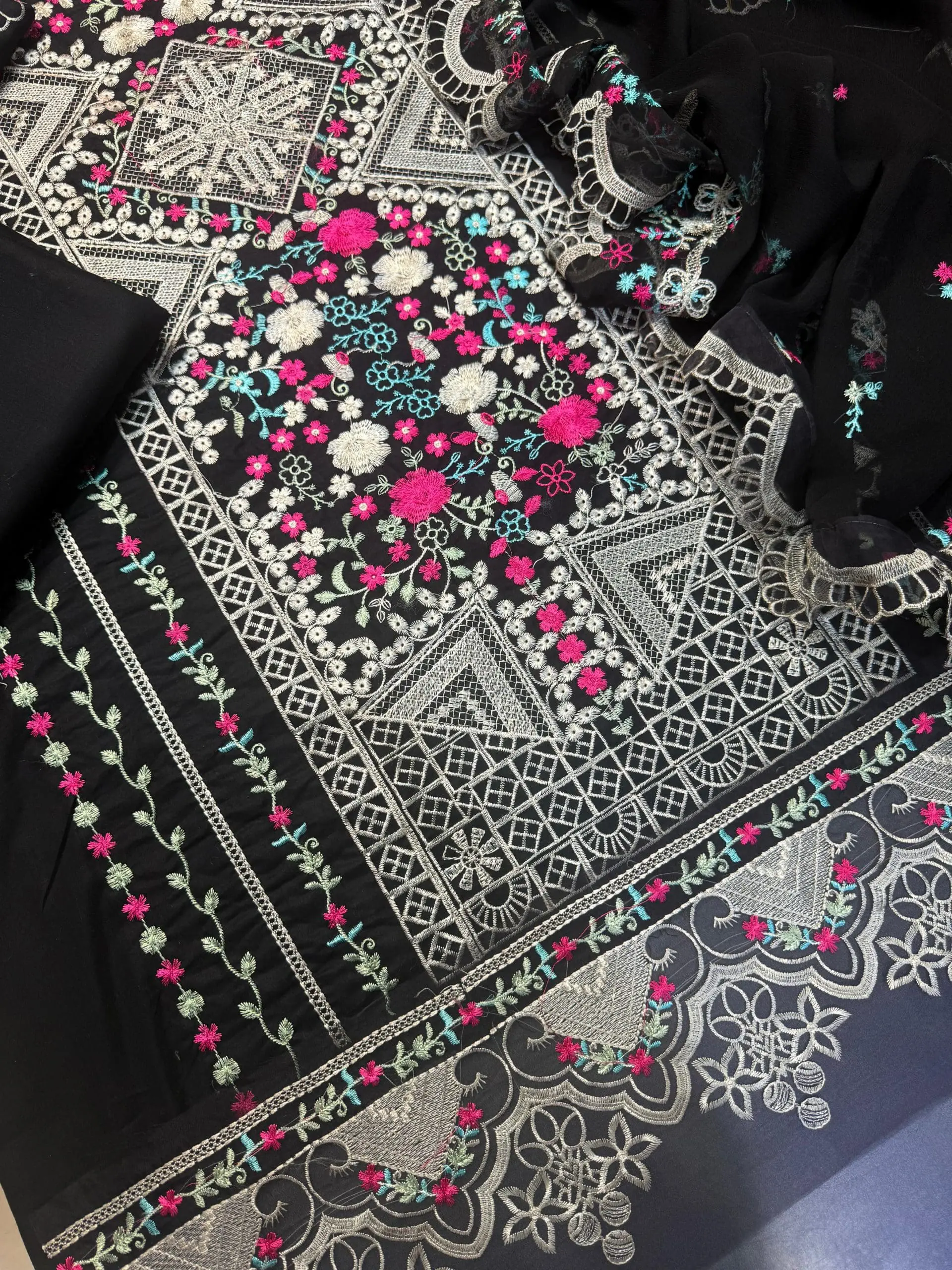 Bin Ilyas 3 Piece Black Embroidered Lawn Suit Bamber Dupatta - Image 3