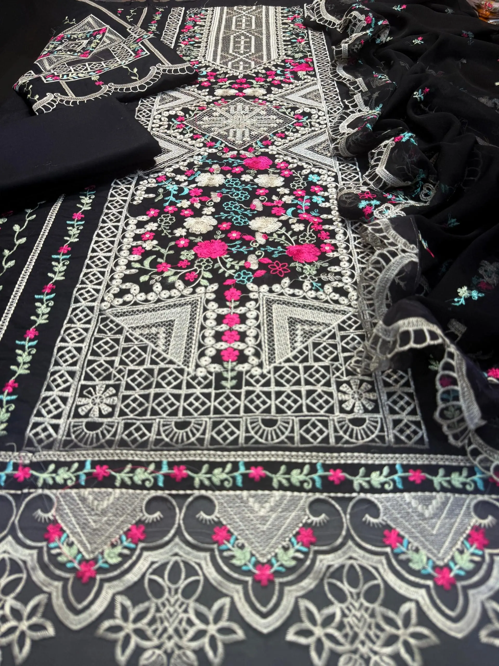Bin Ilyas 3 Piece Black Embroidered Lawn Suit Bamber Dupatta - Image 4