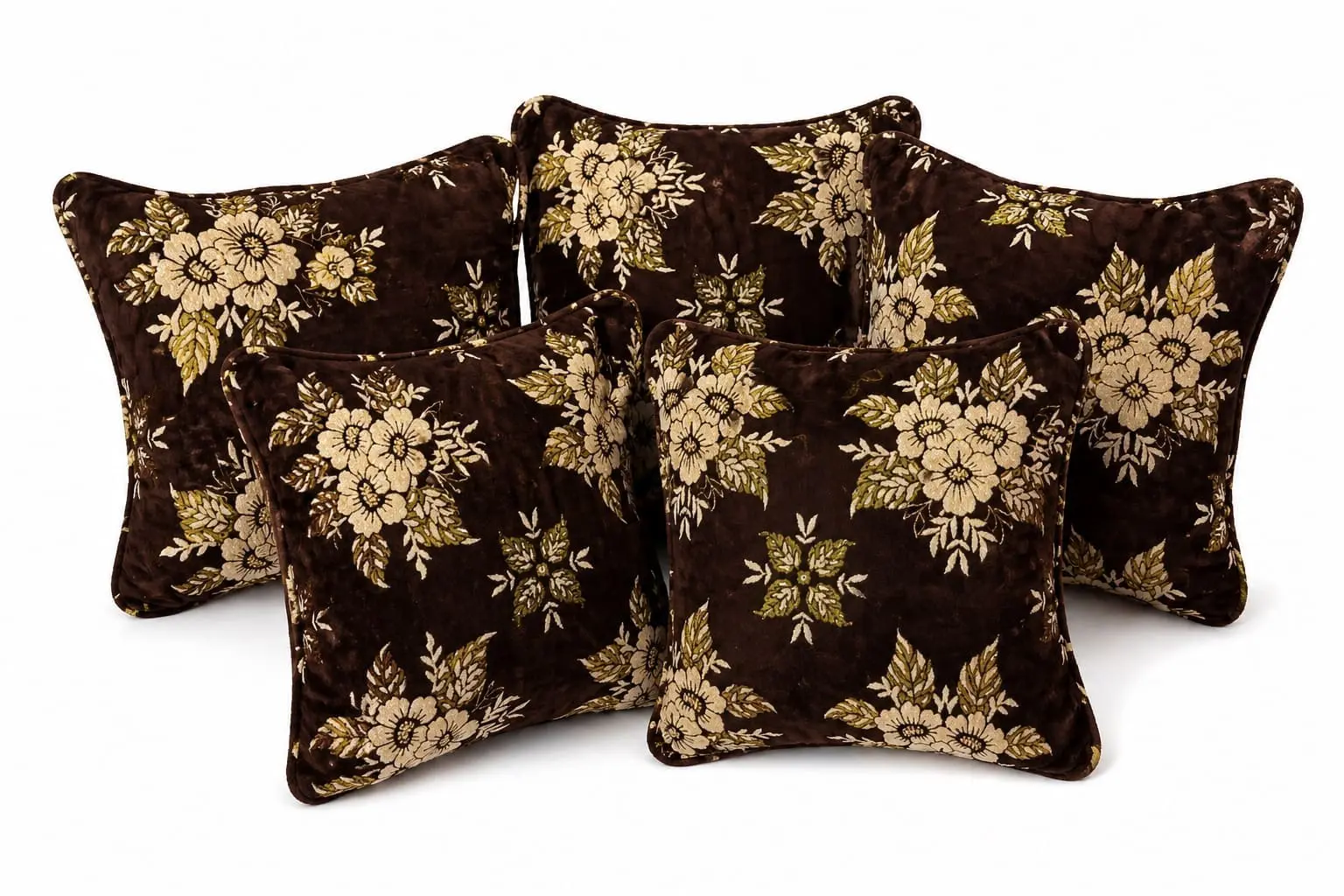 5 Pcs Brown Velvet Jacquard Cushion Covers Set With Zip Closure - Image 2