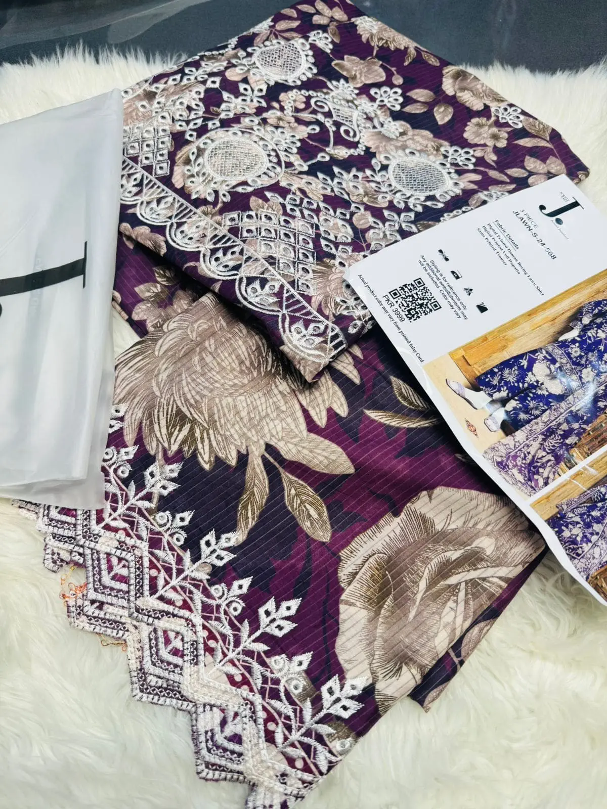 Junaid Jamshed Purple 3 Piece Chikankari Embroidered Lawn Suit