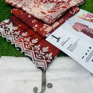 Junaid Jamshed Red 3 Piece Chikankari Embroidered Lawn Suit