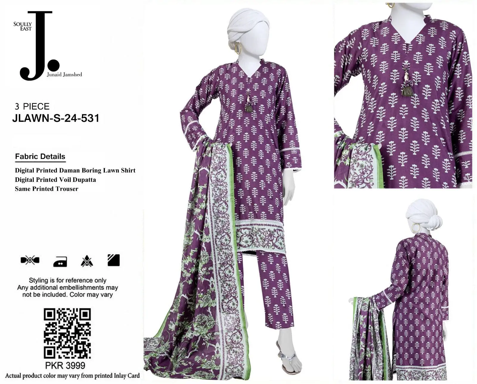 Junaid Jamshed S-531 Purple 3 Piece Chikankari Embroidered Lawn Suit - Image 2