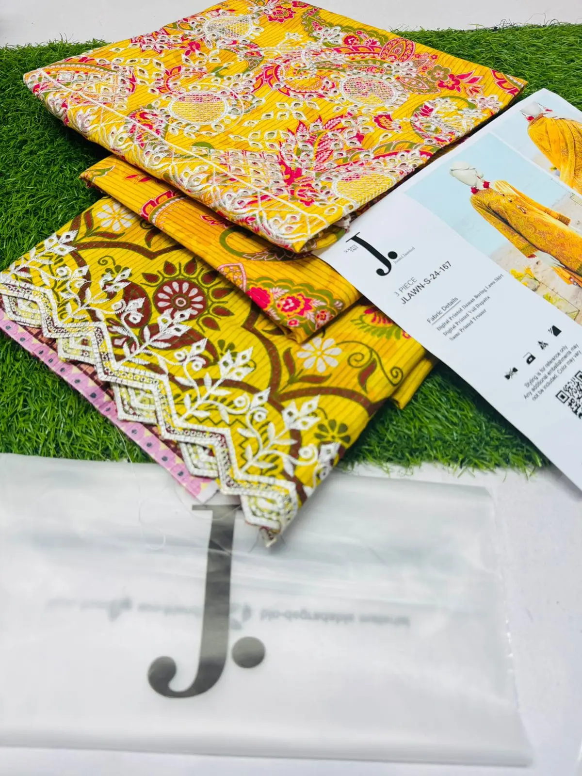 Junaid Jamshed Yellow 3 Piece Chikankari Embroidered Lawn Suit