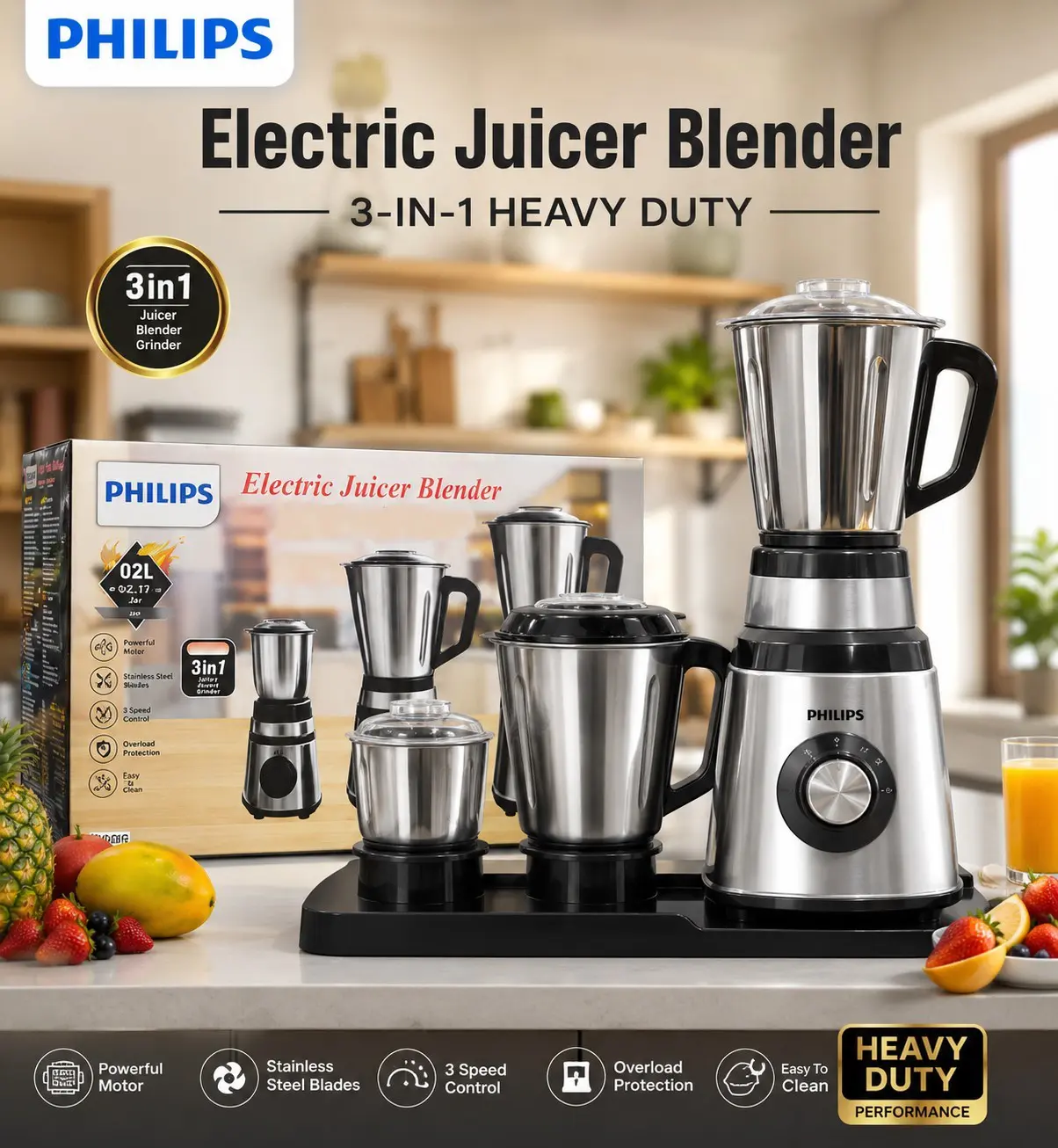 Philips Electric Juicer Blender 3-in-1 Heavy Duty Stainless Steel Grinder Machine - Image 2
