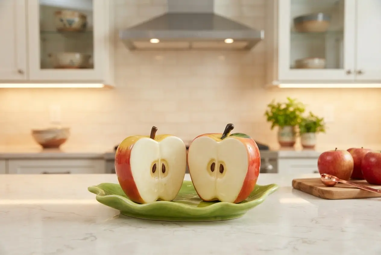 Apple Design Ceramic Salt & Pepper Shakers Set with Serving Plate