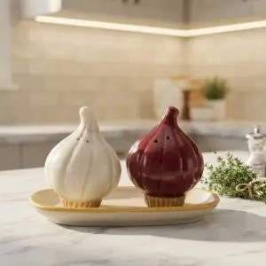Garlic Design Ceramic Salt & Pepper Shaker Set with Serving Tray