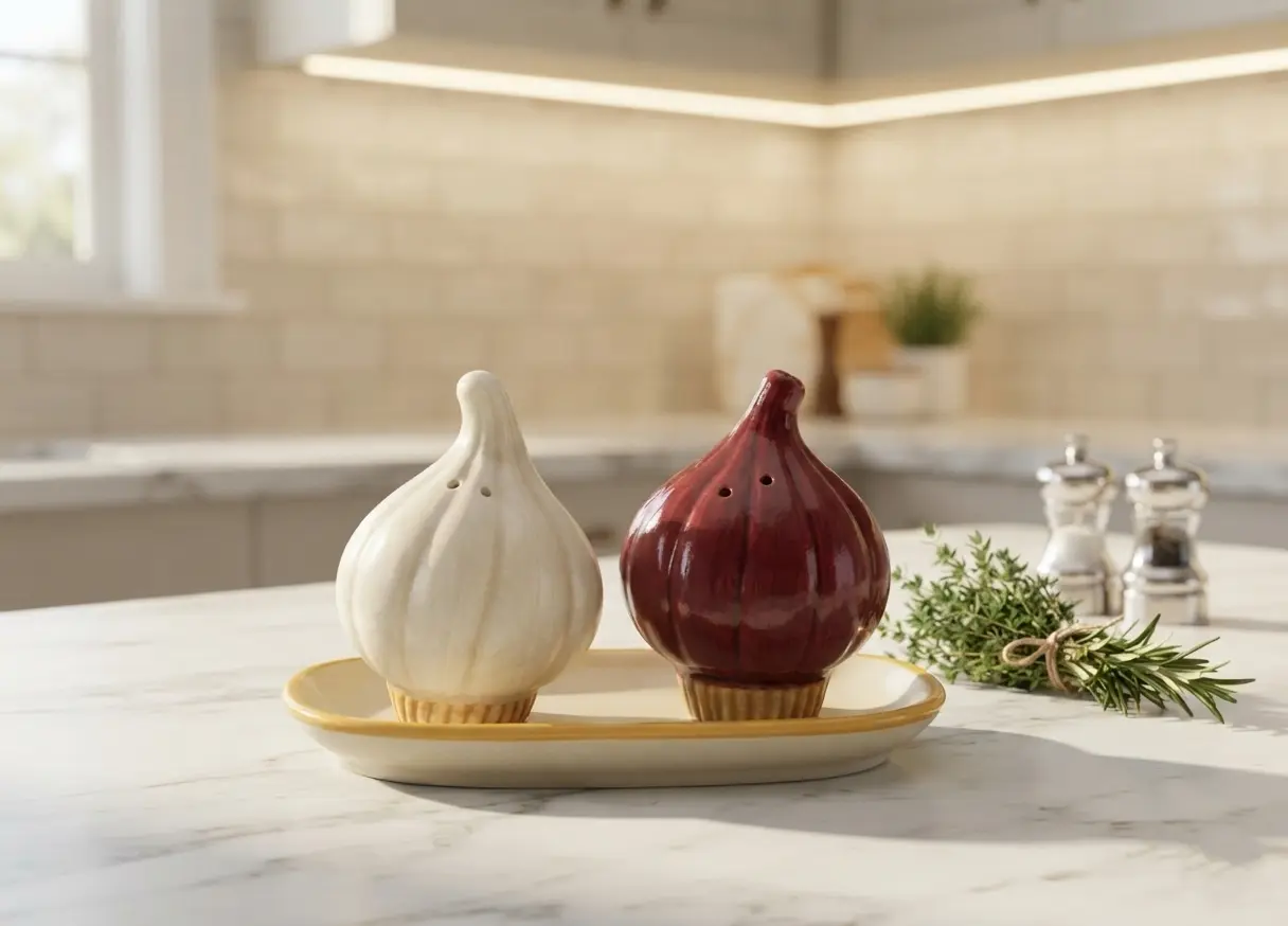 Garlic Design Ceramic Salt & Pepper Shaker Set with Serving Tray