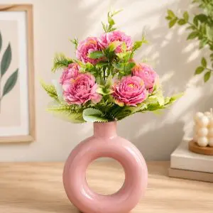 Modern Pink Donut Ceramic Vase with Artificial Pink Peony Flowers