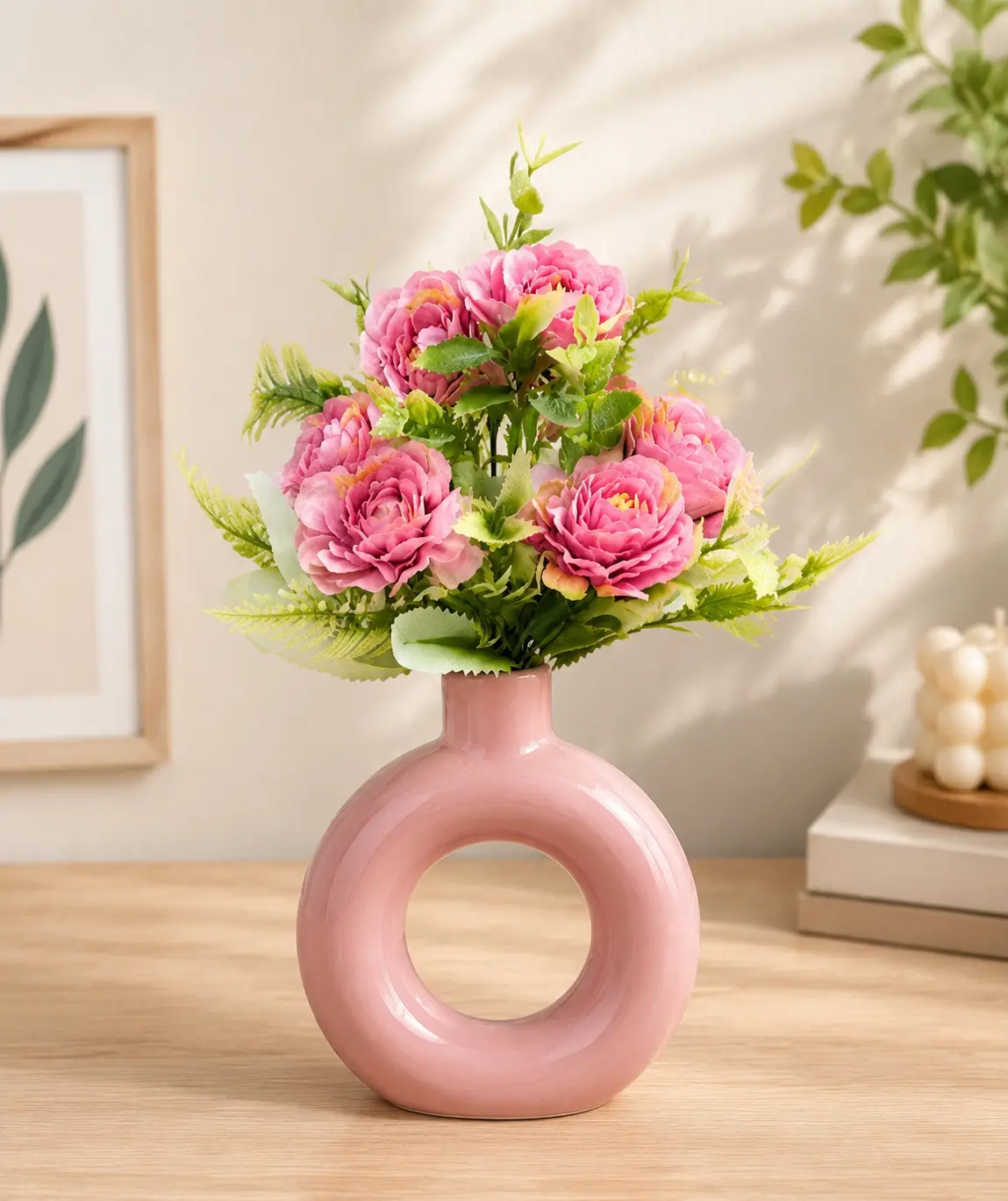 Modern Pink Donut Ceramic Vase with Artificial Pink Peony Flowers
