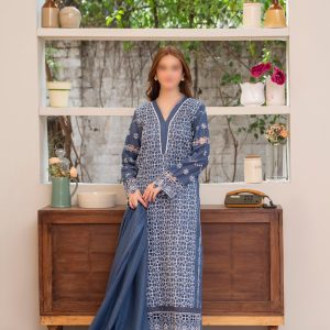 Merakhi 3PC lawn Chickenkari suit with laser-cut embroidery, embroidered sleeves, and blue slub dupatta