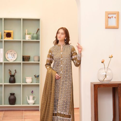 Merakhi 3PC lawn Chickenkari suit with laser-cut embroidery, embroidered sleeves, and blue slub dupatta