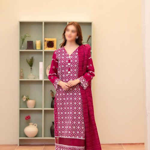 Merakhi Red 3pc Lawn Chickenkari Suit Laser-Cut Embroidery