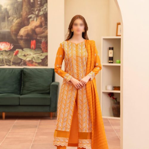 Merakhi 3PC lawn Chickenkari suit with laser-cut embroidery, embroidered sleeves, and mustard slub dupatta